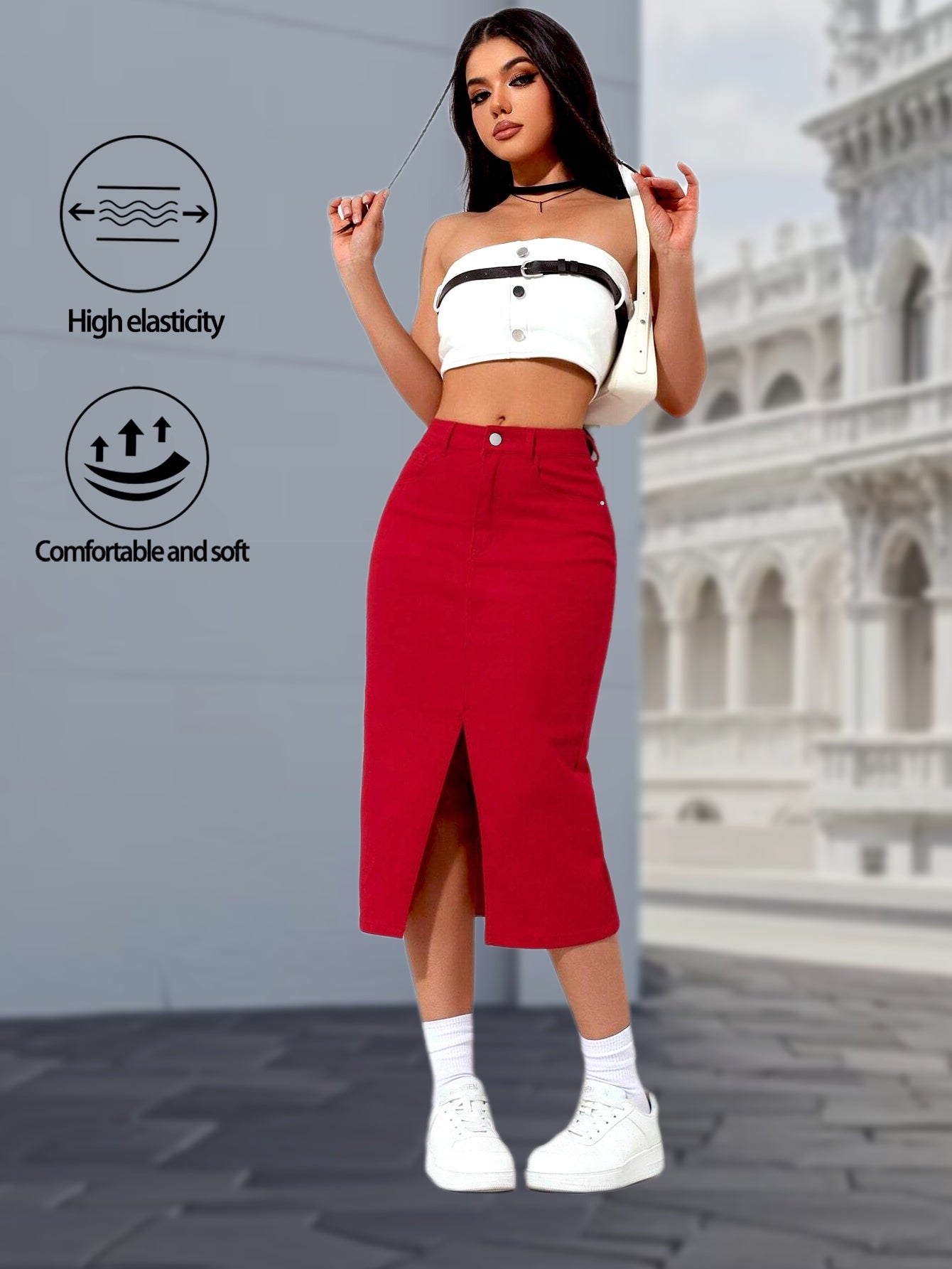 Women's High Waisted Red Midi Denim Skirt with Side Slit, Casual Vintage Jean Skirt, Comfortable and Stretchy Button Front Design, Y2K Fashion Style for Spring Summer Outfits