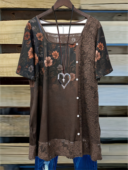 Plus Size, Women's Short Sleeve Scoop Neck Graphic Lace Pockets Tops