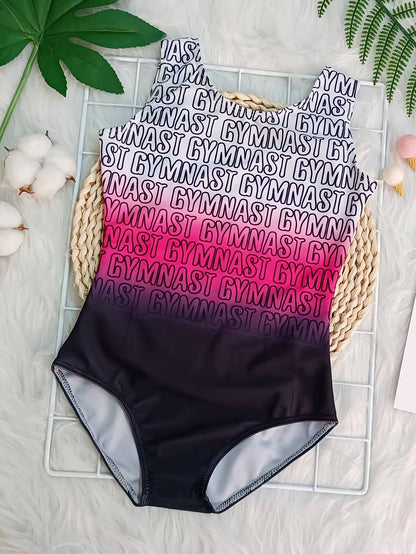 [Gymnastics Leotard Set] Girls' Gymnastics Leotard Set with Gradient Letter Print, Sleeveless Dance Leotard Bodysuit for Ballet Gymnastics Practice, Perfect for Outdoor, All Seasons, Gift for Back-to-School Season, Beach Essentials, Perfect for Outdoor