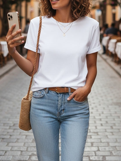 3-Pack Women's Solid Color Round Neck T-Shirt, Soft And Comfortable Pure White Casual Round Neck Shirt, Perfect for Summer And Casual Wear