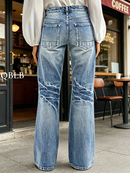 Ladies' High Waisted Washed And Polished White Lightning Pattern Design, Loose And Slightly Flared Jeans