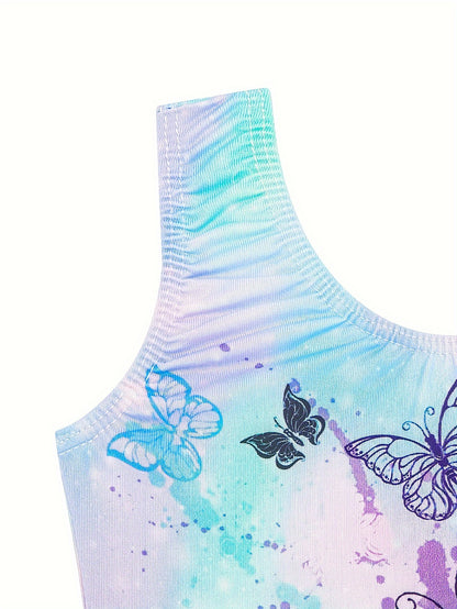 Girls' Gymnastics Bodysuit Set, Shiny Ballet Dance Outfit with Three Pieces Including Sparkling Shorts And a Headpiece.