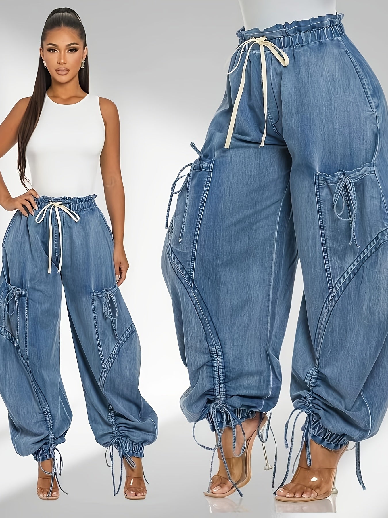 Women's Loose Jeans Women's Fashion Drawstring Lace-up Elastic Waist Jeans, Suitable for Daily Wear, All-season Casual Street Clothes,