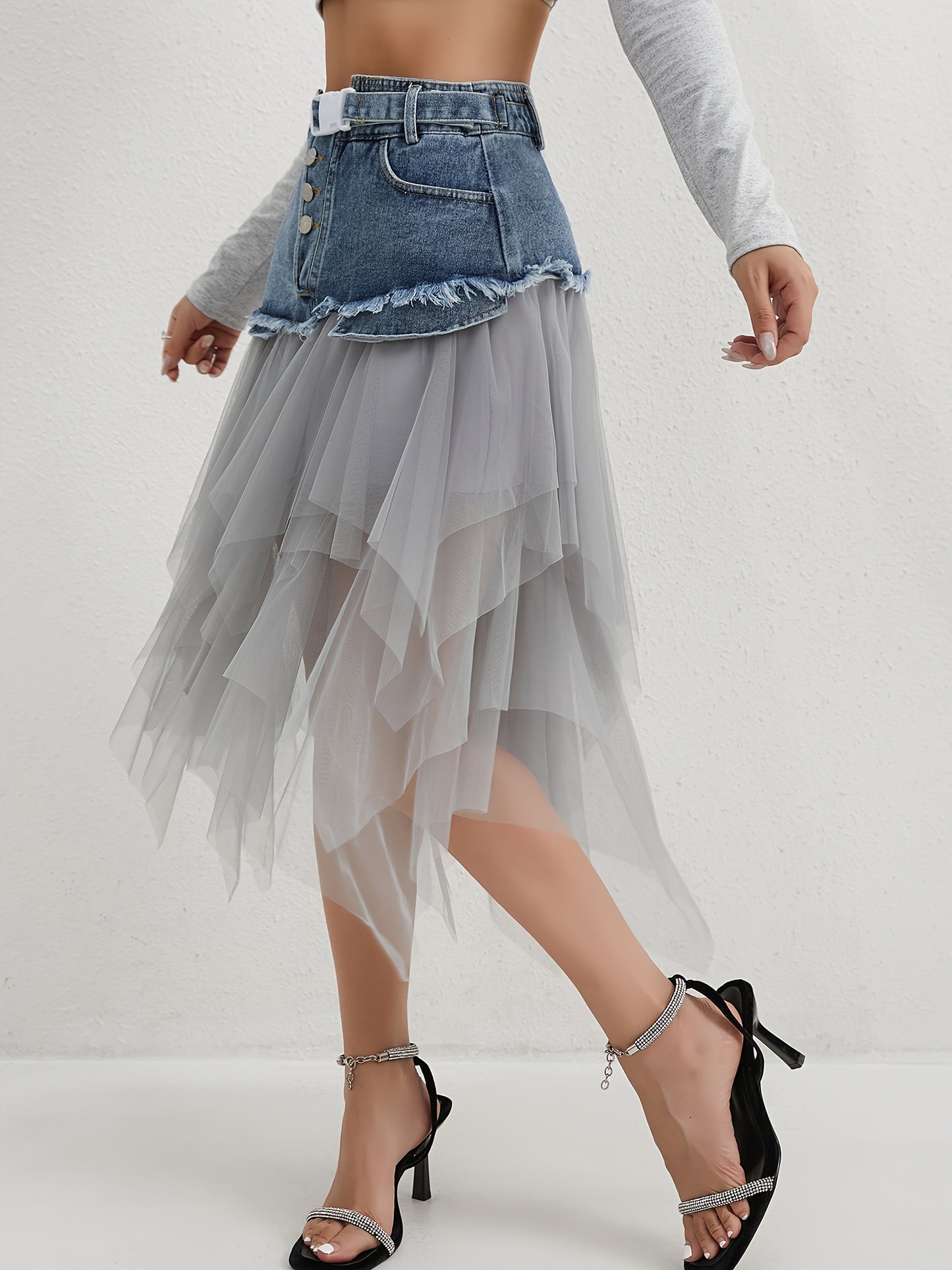 A Midi Skirt for Spring, Summer, And Autumn, Combining Denim And Tulle with a Trendy Raw-Edge Hem