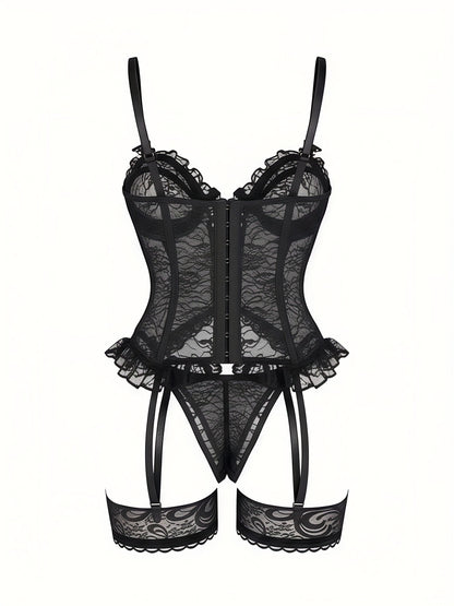 Women'S Sexy Lingerie Set with Garter Belt Lace Bodysuit Teddy Dolls Panty with Stockings, Women Teddy Lingerie Deep V Lace Lingerie Mini Babydoll Lingerie