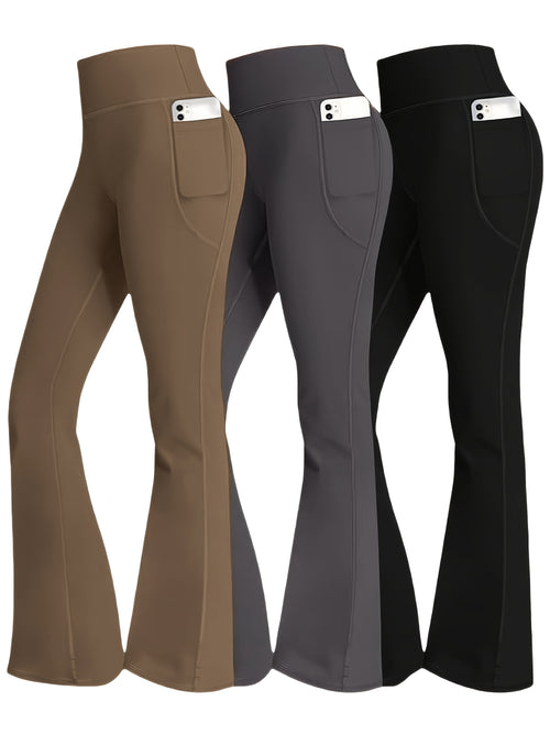 3pcs Fashionable Workwear Style Bell Bottoms, Women Casual Bell Bottoms, High Waist Pocket, Work Style Pants, Quick-Drying Tummy Control Butt Lifting Trousers Flare Leggings