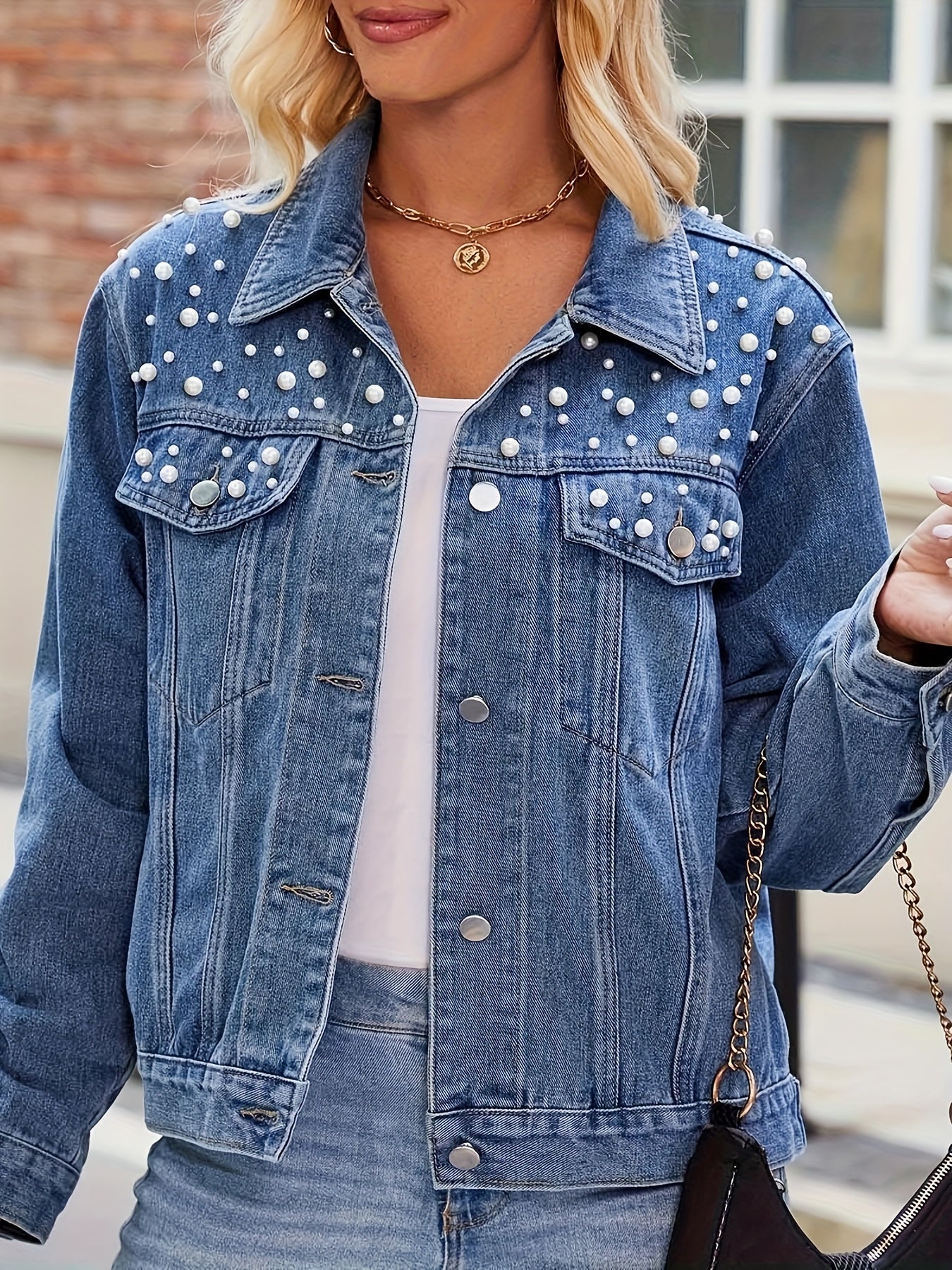 [Pearl Beaded Denim] Women's Denim Jacket, Pearl Beaded, Front Button, Blue Wash Denim, Suitable for Casual, Party, Etc., Party Coat | Pearl Embellished Denim