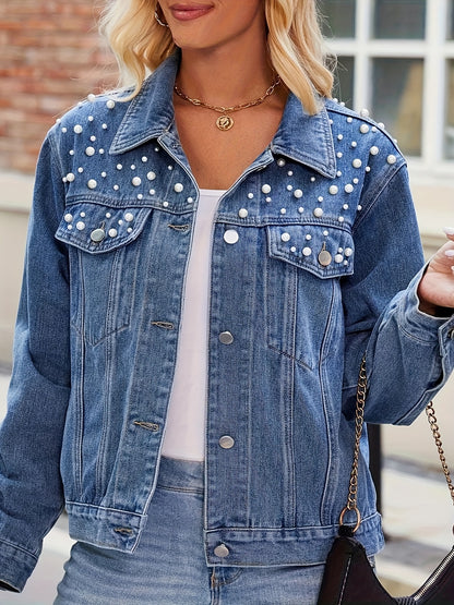 [Pearl Beaded Denim] Women's Denim Jacket, Pearl Beaded, Front Button, Blue Wash Denim, Suitable for Casual, Party, Etc., Party Coat | Pearl Embellished Denim