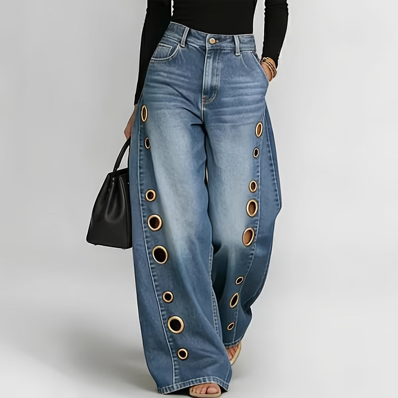 [Retro Denim Jeans] New Retro Style Denim Jeans for Women, With Metal Eyelets Designed for Casual And Loose Fit, High Waisted And Wide Leg Jeans, Street Cool Women's Clothing, Black Retro Blue Light Blue Women's Straight Leg Denim Pants