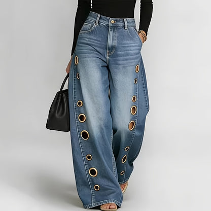 [Retro Denim Jeans] New Retro Style Denim Jeans for Women, With Metal Eyelets Designed for Casual And Loose Fit, High Waisted And Wide Leg Jeans, Street Cool Women's Clothing, Black Retro Blue Light Blue Women's Straight Leg Denim Pants