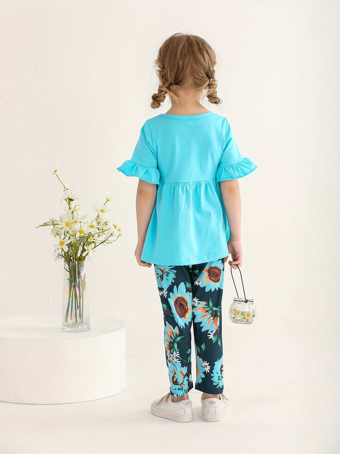 KuKitty Toddler Baby Girl Clothes Solid Color Flared Sleeve Ruffle Tops Sunflower Print Pants Outfits Set, Perfect for Outdoor