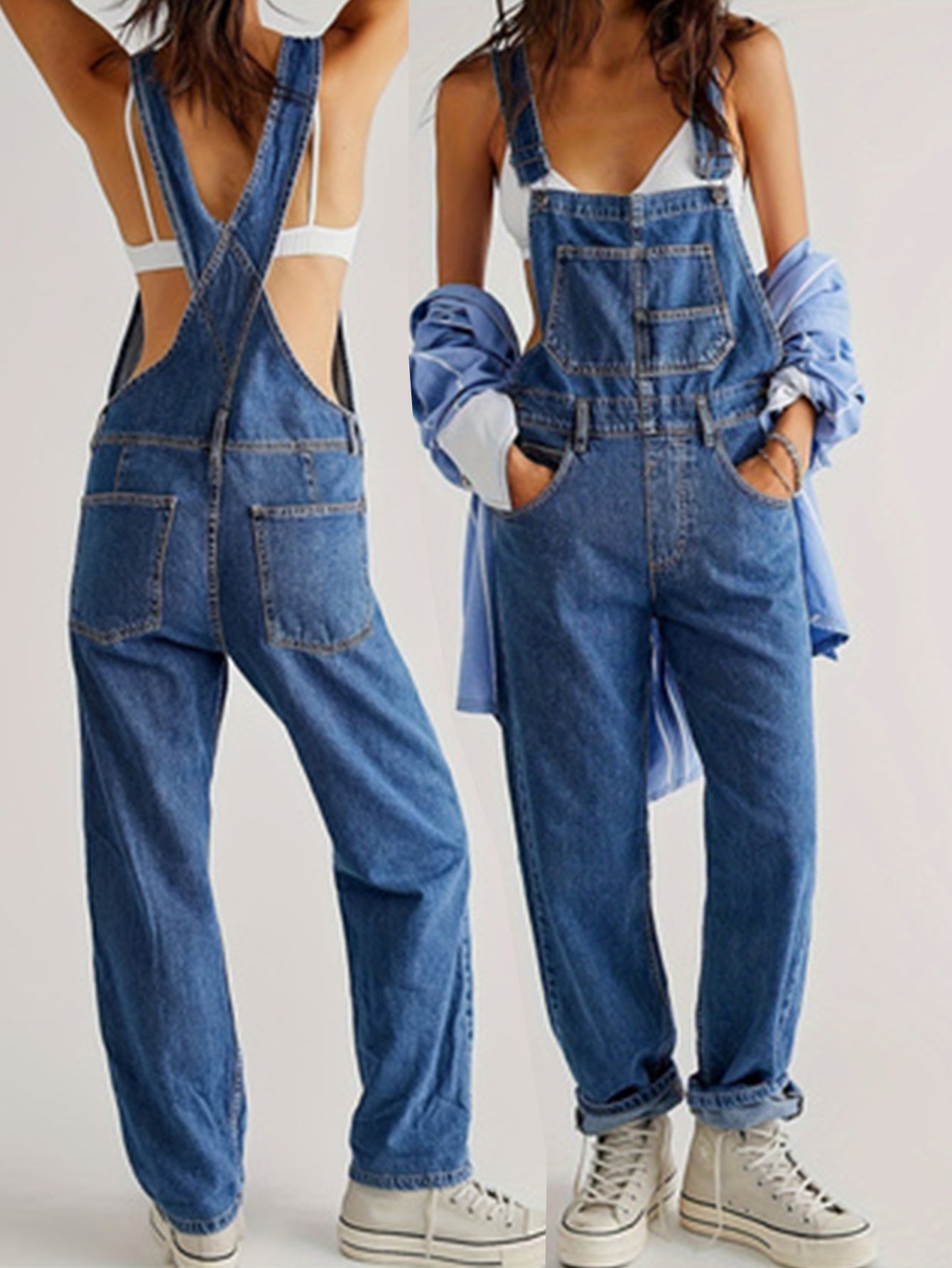 Solid Color Slant Pocket Coverall Jumpsuit, Casual Adjustable Strap Sleeveless Cross Back Coverall Jumpsuit, Suitable for Spring And Summer, Women'S Fashion