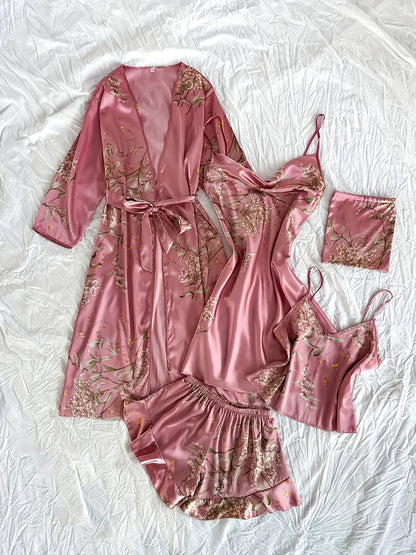 Women'S Printed Pajamas Set - Set (Including Robe, Short Suspender, Shorts And Skirt), Cherry Printed Pajamas, Loose, Soft And Comfortable