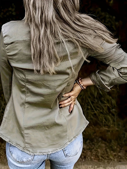 Solid Color Long Sleeve Button Up Retro Style Flap Pocket Denim Shirts Top, Women's Denim Jeans & Clothing