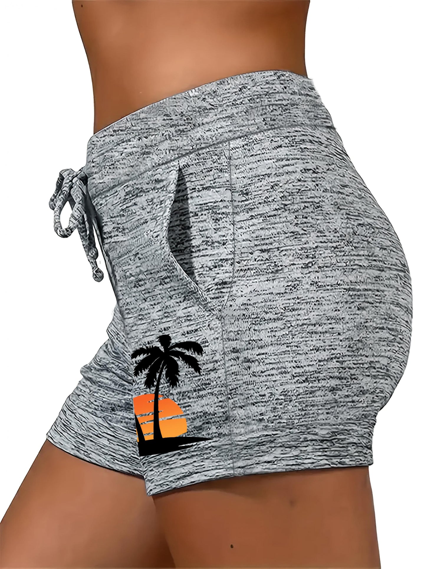 Women'S Tropical Sunset & Palm Tree Print Casual Shorts - Mid-Rise Drawstring with Pockets, Lightweight Machine-Washable Fabric, Perfect for Summer Vacation, Beachwear|Tropical Print|Lightweight Shorts