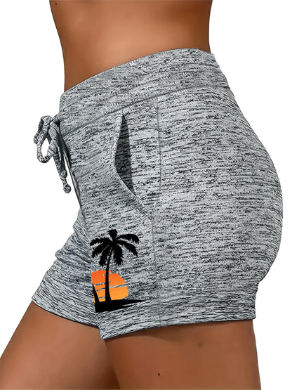 Women'S Tropical Sunset & Palm Tree Print Casual Shorts - Mid-Rise Drawstring with Pockets, Lightweight Machine-Washable Fabric, Perfect for Summer Vacation, Beachwear|Tropical Print|Lightweight Shorts