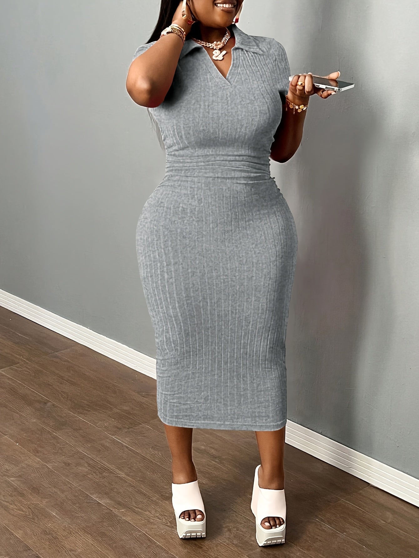 [Sexy Bodycon Dress] Sexy Summer Bodycon Dress | Women's Neck Casual Short Sleeve Basic Pencil Midi Club Dresses