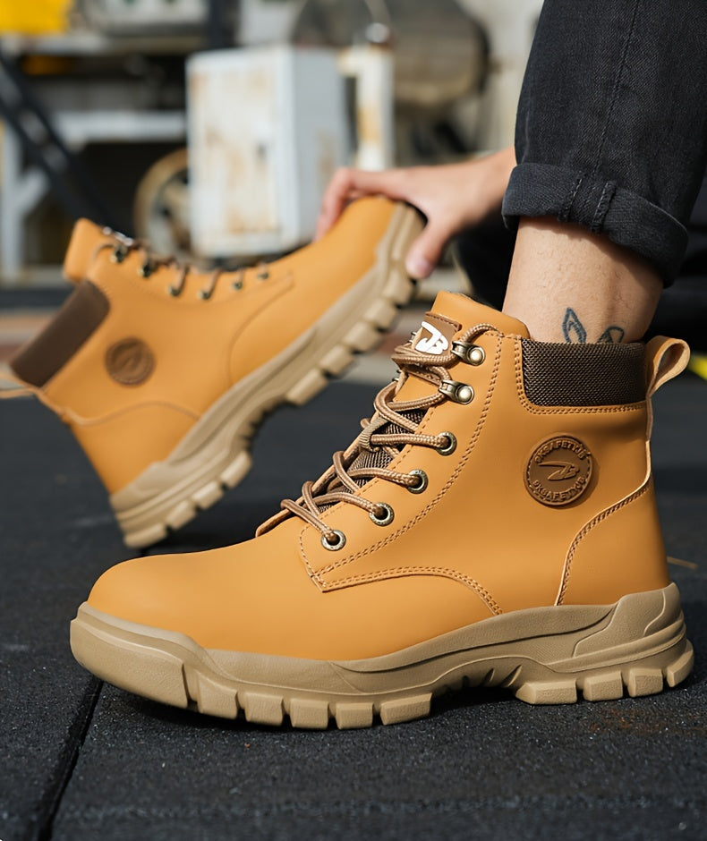 Men's Solid Color Classic High Top Plain Toe Steel Toe & Puncture Proof Safety Boots, Comfy Non Slip Durable Lace Up Work Shoes, Men's Constructional & Industrial Footwear