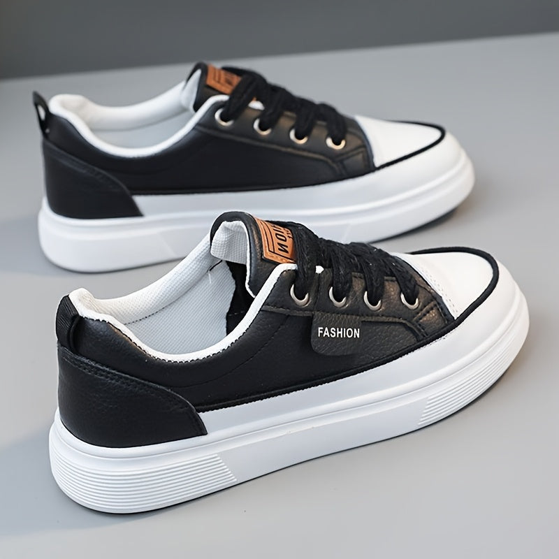 Women's Skateboarding Shoes - College Style Flat Sole Casual Sneakers with Soft Rubber Outsole & EVA Cushion, Breathable Faux Cover & Mesh Upper, All-Season Outdoor Walking Shoes for Students (White/Black)