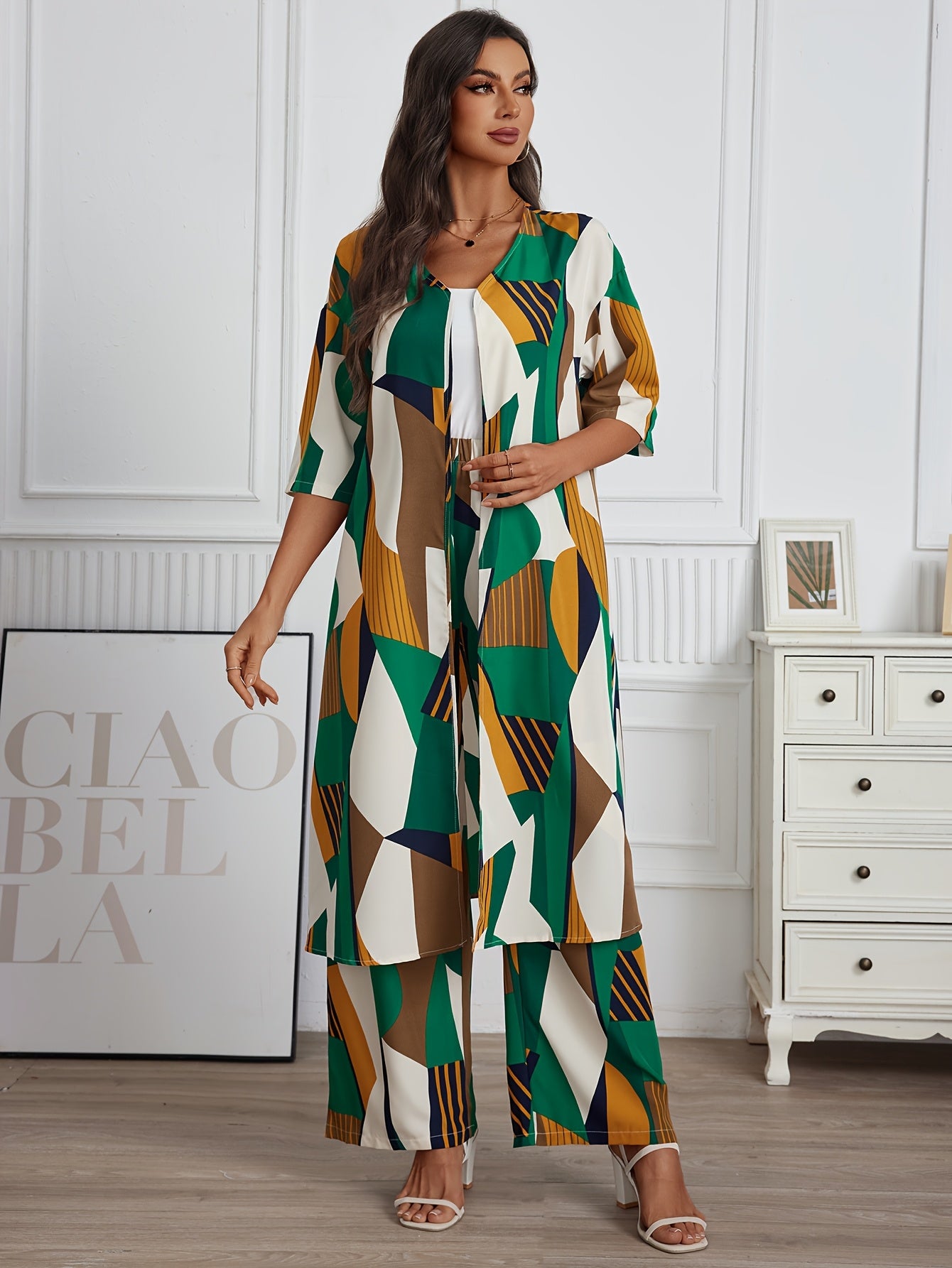 Vacation Style Geo Print Pantsuits Set, Long Length Short Sleeve Shirt & Wide Leg Pants Outfits, Women's Clothing