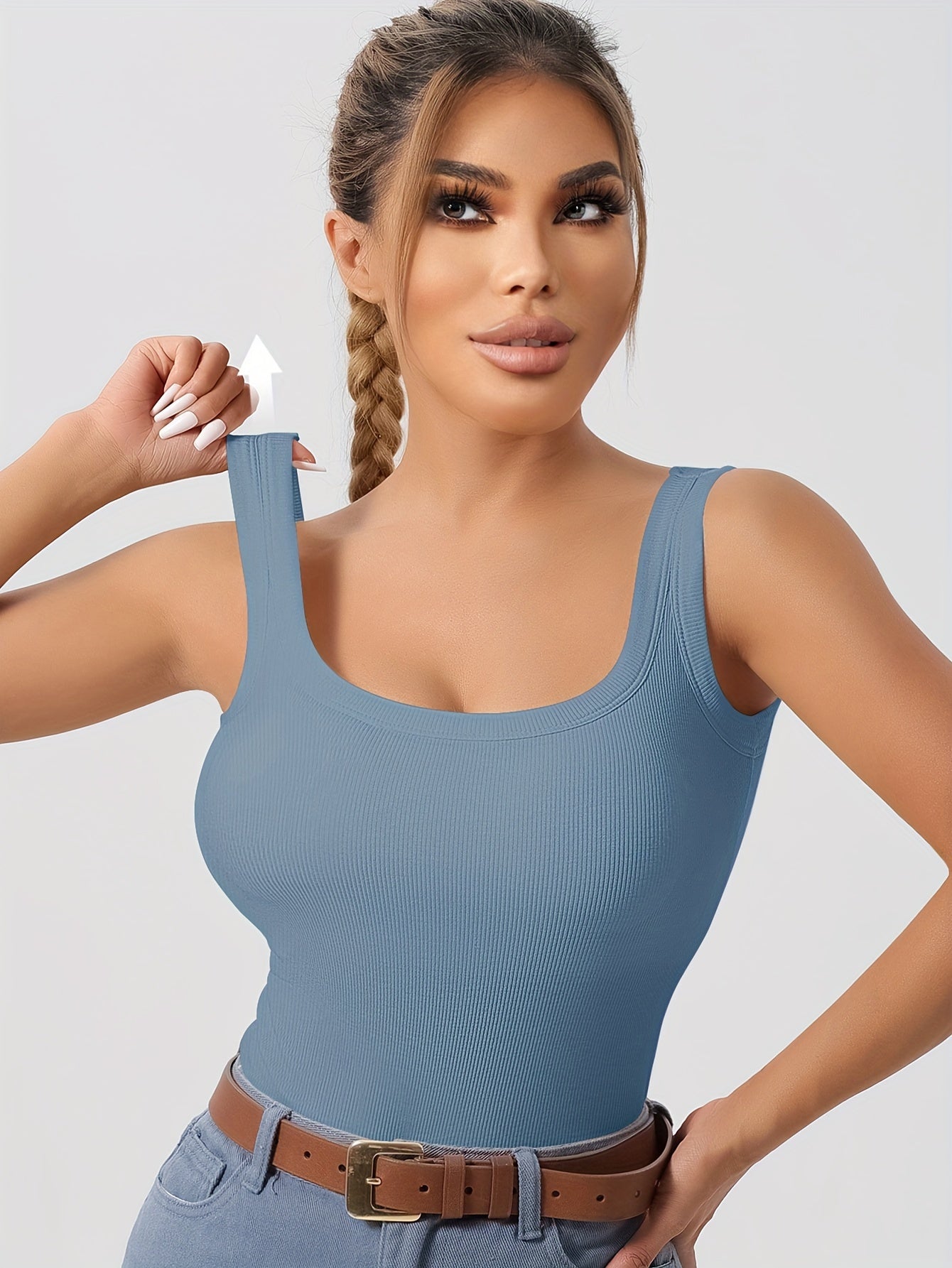 Big U Beauty 2-in-1 Backless Ribbed Base Vest with Built-In Pads & Coasters - High-Elasticity Striped Slim Fit Sleeveless Top for Plus Size Women, Casual Elegant Layering Essential