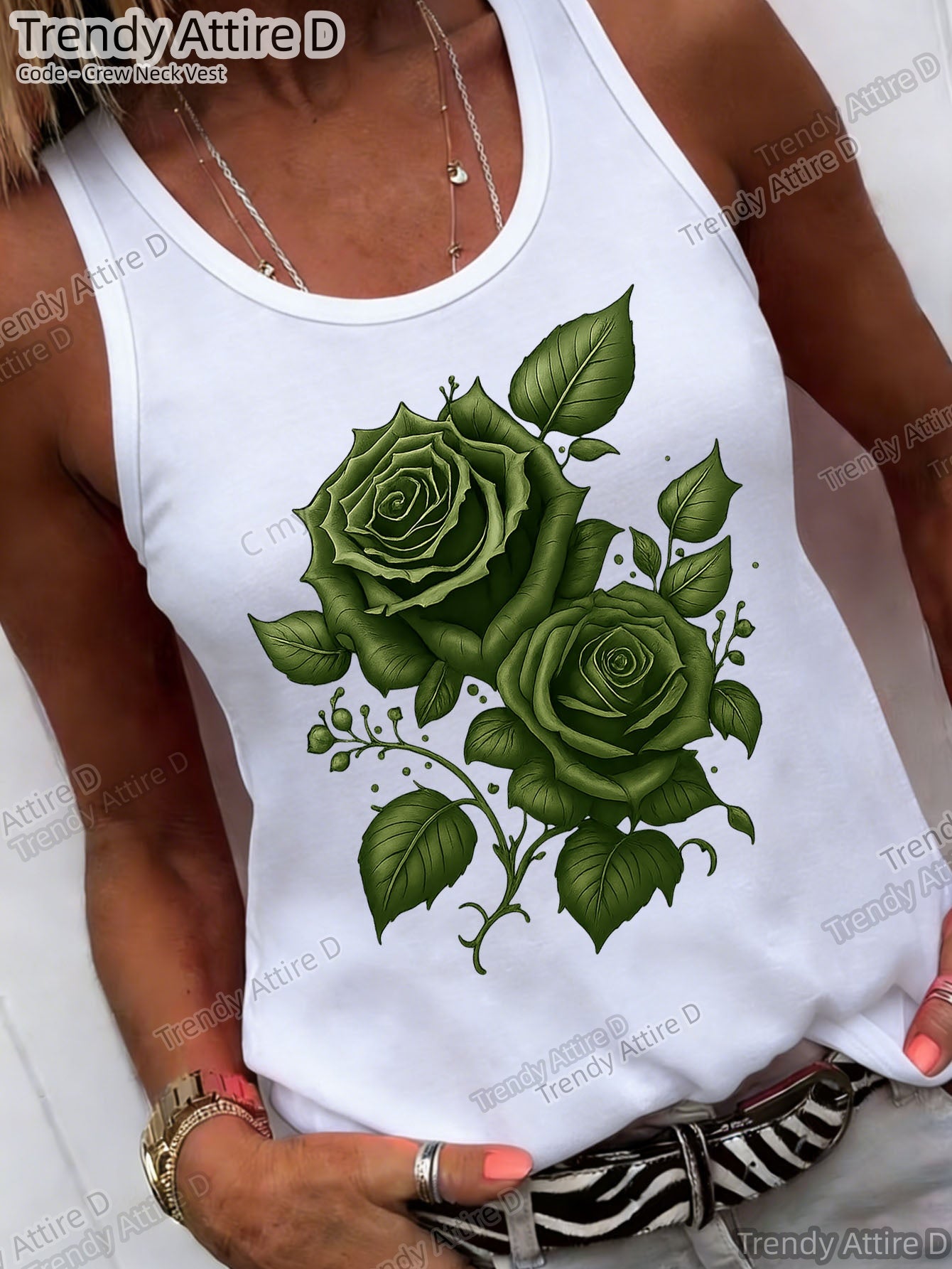 Elegant Round-neck Vest, Vintage Rose Print Round-neck Vest, Fashionable Design Pattern, Holiday Outfits Essential Summer Items Women, Women's Fashionable Summer T-shirts