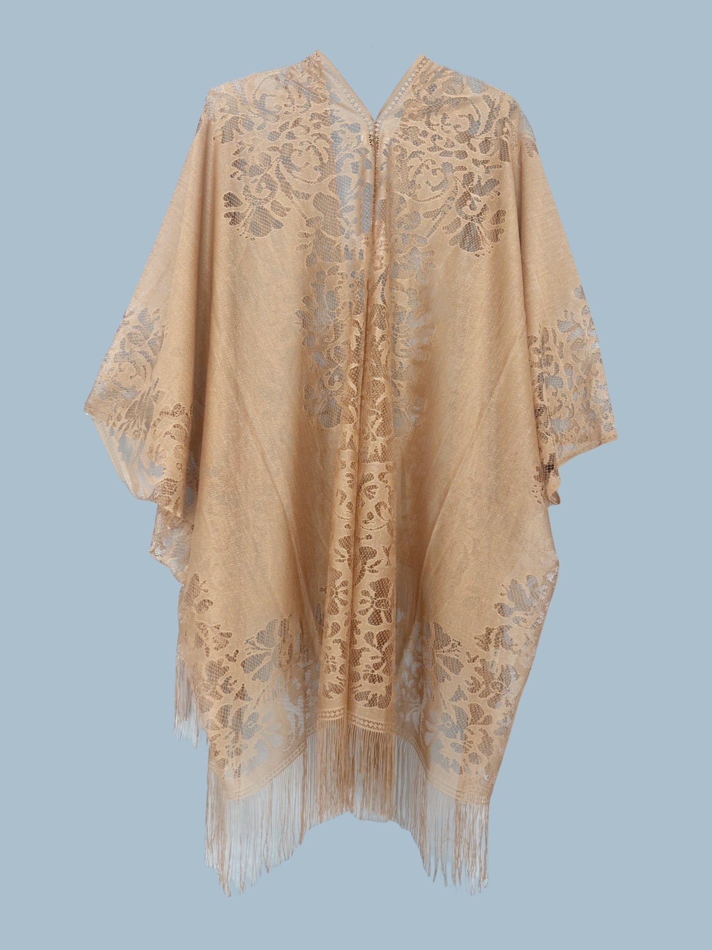 Woman's Plus Size Boho Cover Up, Lace Kimono, Women's Plus Floral Lace Batwing Sleeve Cover-Up, Open Front Tassel Trim Kimono, Lightweight Beach Cover Up