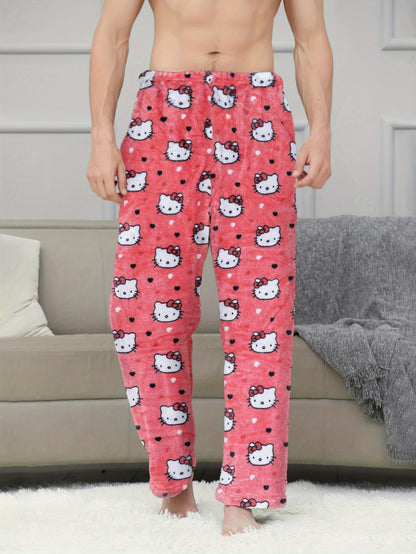 Sanrio Hello Kitty Men's Anime Pajamas - Hello Kitty Face & Iconic Print Flannel Sleepwear, Cozy Winter Lounge Pants, Machine Washable Cartoon Sleepwear for & Men (-)