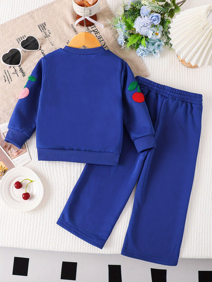 2pcs Girls' Set Including A Top and Pants in Klein Blue with Cherry Pattern, Suitable for Spring and Autumn, Perfect for Outdoor