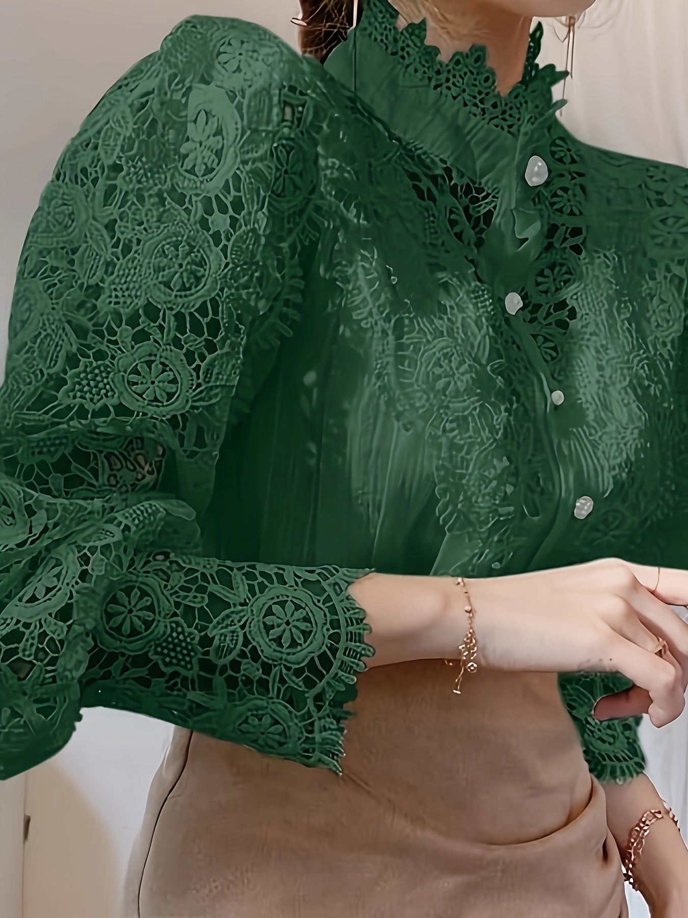 Women's Shirt Heavy Lace Hollow Flower Long Sleeve Lace Stand Collar Pearl French Button Top Shirt