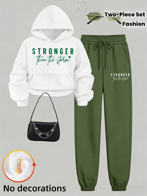 Women'S 2025 Trendy Motivational "Stronger Than The Storm" Two-Piece Hoodie Set - Fall Winter Cozy Warm Oversized Lazy-Chic Casual, Daily Streetwear Lounge Outfit, Plus-Size Figure-Flattering Soft Matching Two-Piece Set