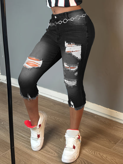 Women Fashion Casual Ripped Capri Jeans Slim Fit Stretchy Denim Pants Classic Raw Hem Denim Three Quarter Pants