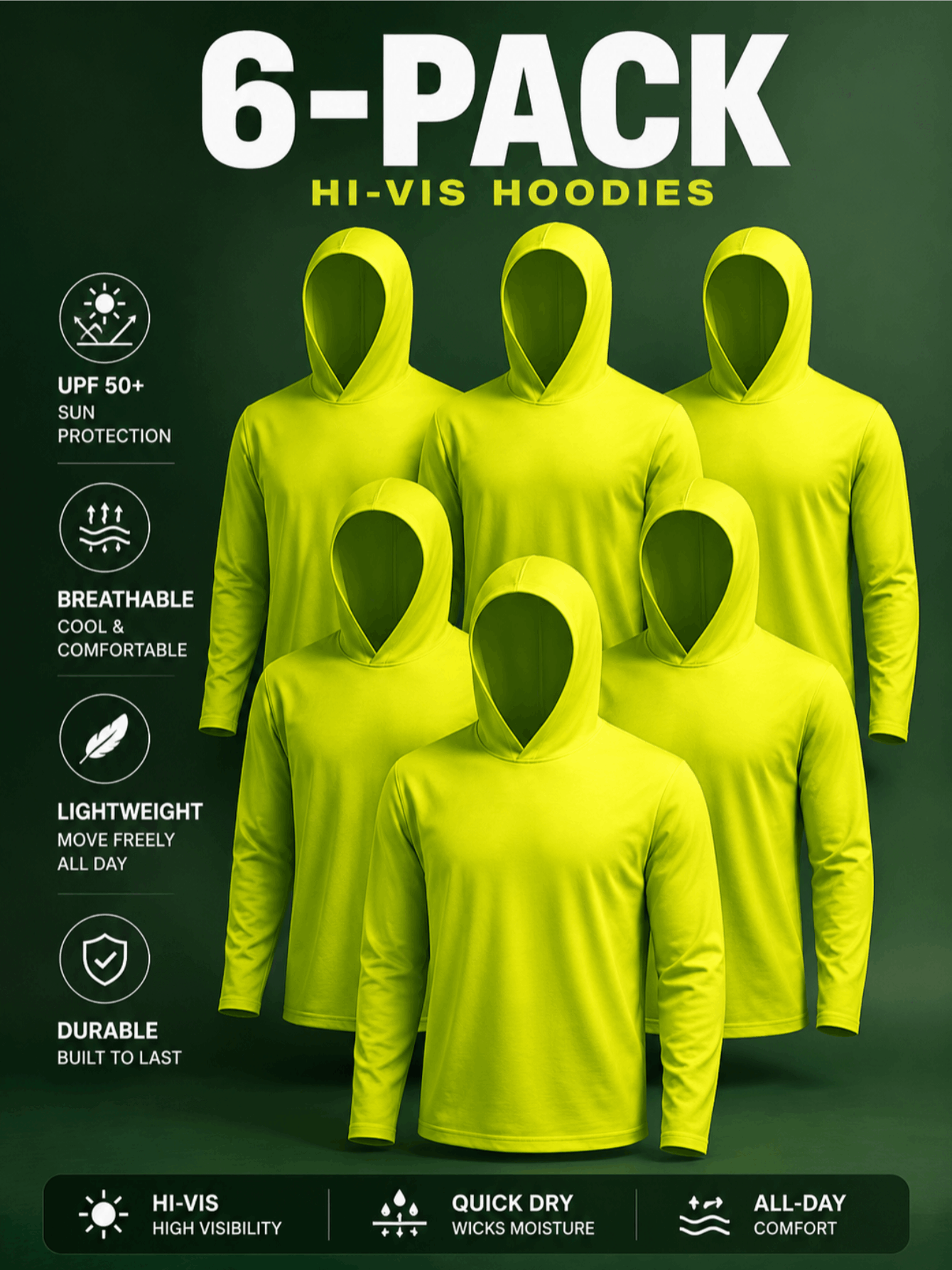 6 Packs Sun Protection Long Sleeve T-Shirts with Hood UPF 50+ Men's Hooded Quick Dry Breathable UV Athletic Shirts Rash Guards SPF UV for Hiking Fishing Swim Cycling Running