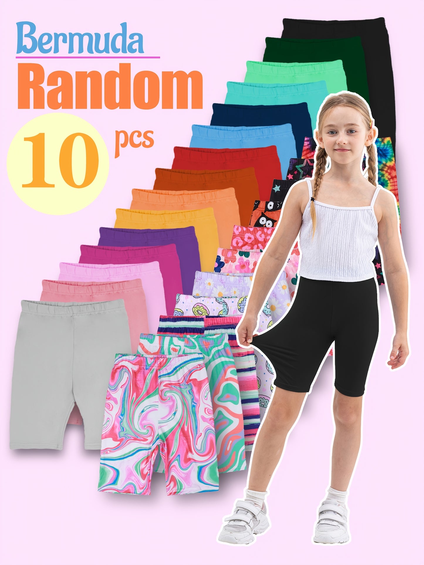 10pcs Bermuda Random Print Girls' Stretchy Soft Polyester/Spandex Blend Flat Waist Shorts - Versatile And Comfortable Casual Wear for Spring/Summer/Fall, for Outdoor