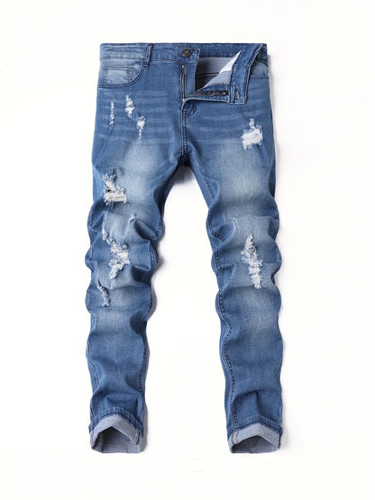 Slim-Fit Distressed Jeans for Men - Stretch Denim Streetwear Trousers Featuring Ripped Accents, Comfortable Mid-Stretch Fabric, And a Hand-Washable Design Ideal for Casual Spring Outfits, Stylish Pant Option with Durable Material