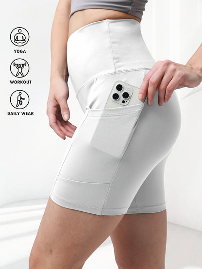 1pc Women's High-Waisted Yoga Shorts with Tummy Control & Pockets - Breathable Workout Gym Shorts, Tight-Fitting Low-Rise Athletic Pants for Summer, Gymnastics, Training (Black/Grey/Navy/Pink/ Brown) - Non-See-Through Quick-Dry