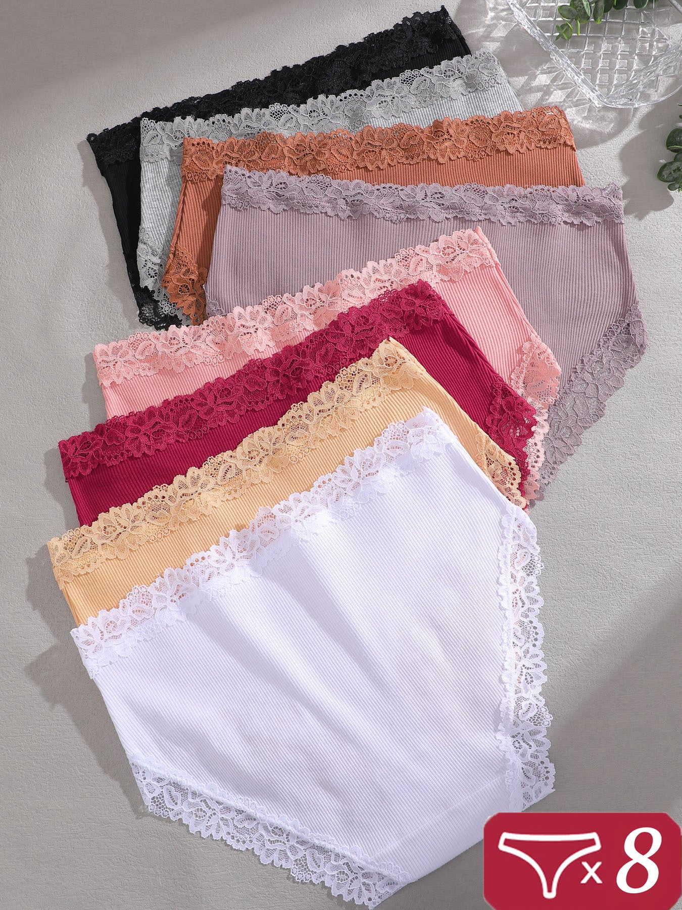 8 Pack Women's Underwear - High Waisted Briefs with Lace Trim, Soft Ribbed Triangle Panties, Non-Sheer Full Coverage Suitable for Casual Attire, Hand Washable Solid Color High-Rise Underpants