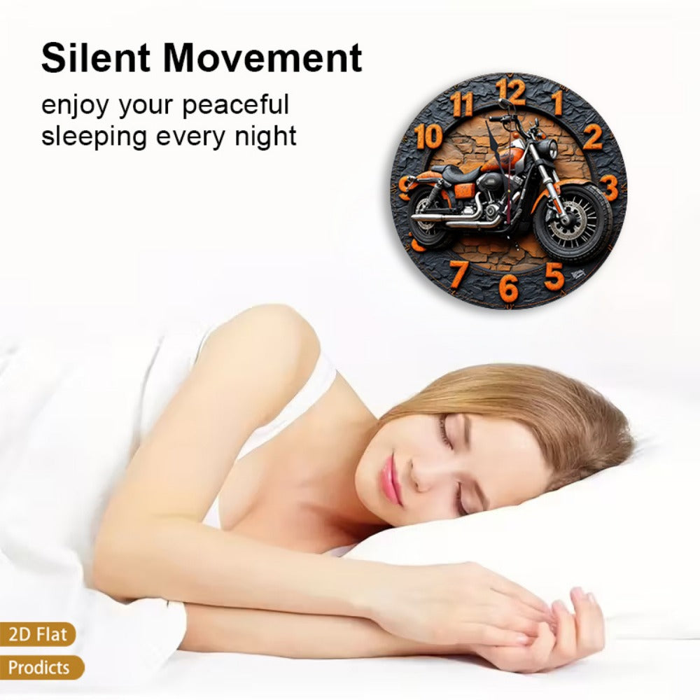 Motorcycle Wood Wall Clock - Silent Non-Ticking 12-Inch Design