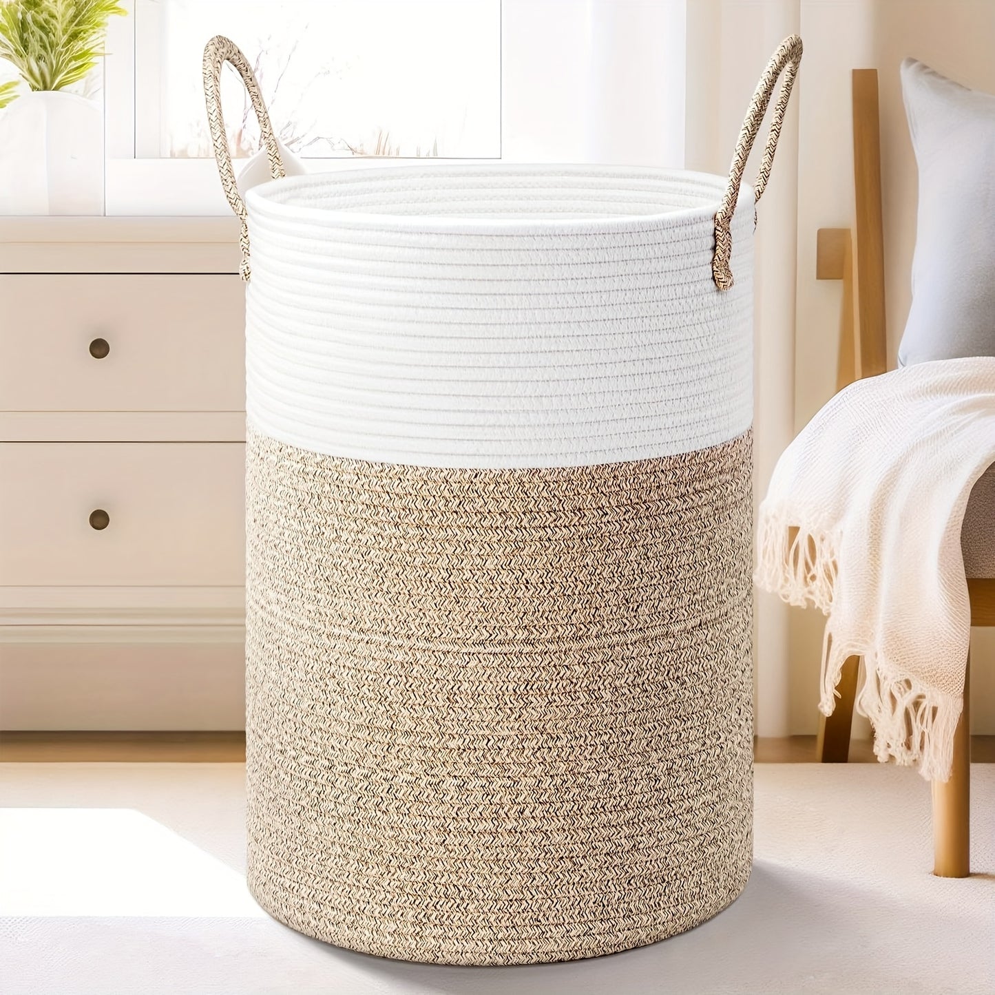 Collapsible Laundry Basket, Woven Rope Laundry Hamper, 12.15gal/15.85gal/ 21.13gal/26.42gal Laundry Bag For Decor Storage Of Dirty Clothes, And Blankets In Bathroom, Room And Living Room