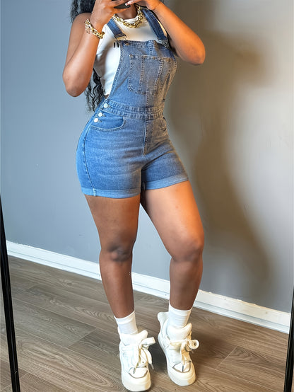 Women Solid Color Slim-fit Jeans Casual Button Trim Denim Romper Pockets Sleeveless Denim Romper