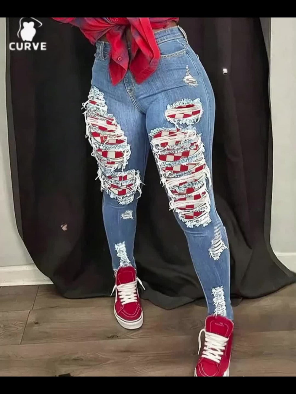 Women's Skinny Jeans - Medium Blue Distressed