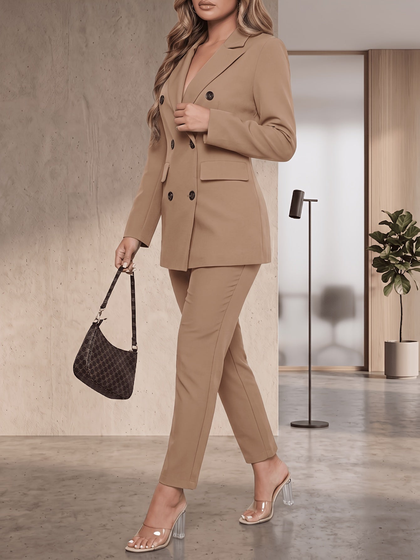 2pcss Blazer Set Pantsuit Women Double Breasted Blazer Set Formal 2pcss Pantsuit For Office Work, Long Sleeve Business Suit Slim Fit Double Breasted Suit For Business Meetings Corporate Office
