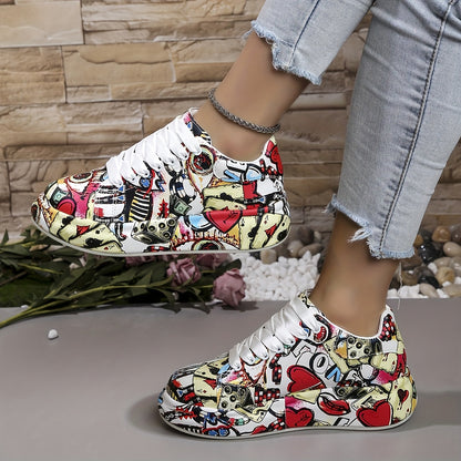 Women's Graffiti Print Sports Shoes, Fashion Lace Up Low Top Platform Sneakers, Casual Skate Shoes, Women Shoes