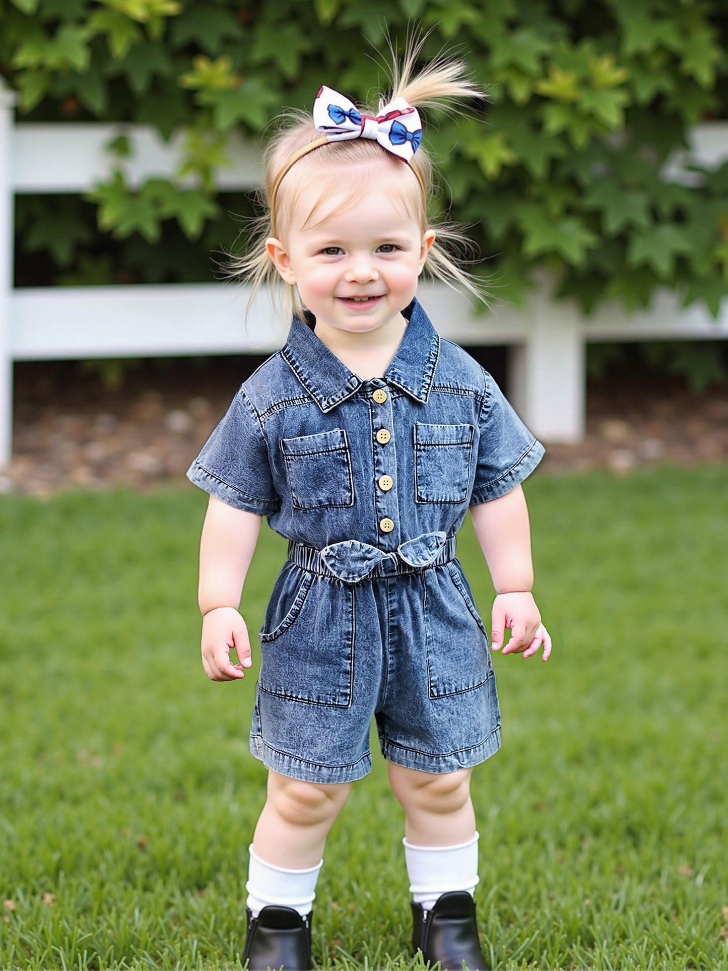 Denim Overalls for Baby Girls Featuring Short Sleeves, a Turn- Collar, Button Closure, And an Elastic Waistband