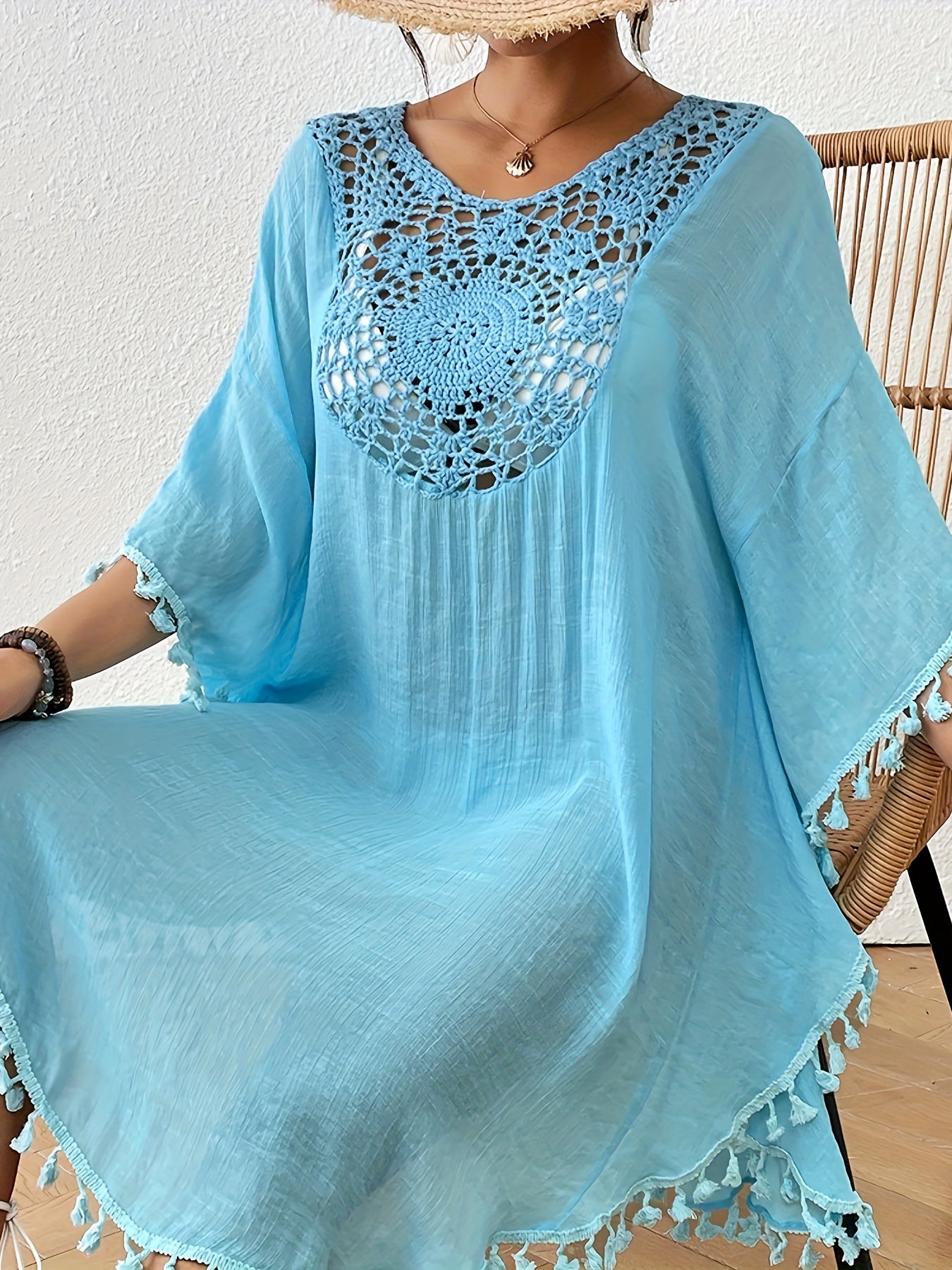 Women's Sexy Crochet Batwing Sleeve Tassel Hem Top - Black Hollow Out Design, Resort Wear Beach Cover-Up, Lightweight Polyester, Perfect for Spring & Summer