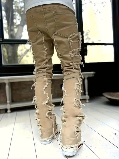 (Available In Five Colors) Teenager Ripped Jeans, Retro Street Style, High Street Patch Fabric, Popular Ripped Jeans, Fashionable Splicing, Slim Fit Jeans, Versatile Straight Jeans 1pc, Perfect for Outdoor, for Teenager