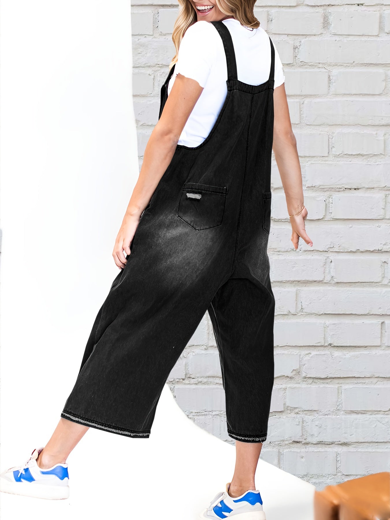 Casual Denim Overalls for Women Featuring a Loose Fit, Adjustable Straps, Distressed Design, And Pockets
