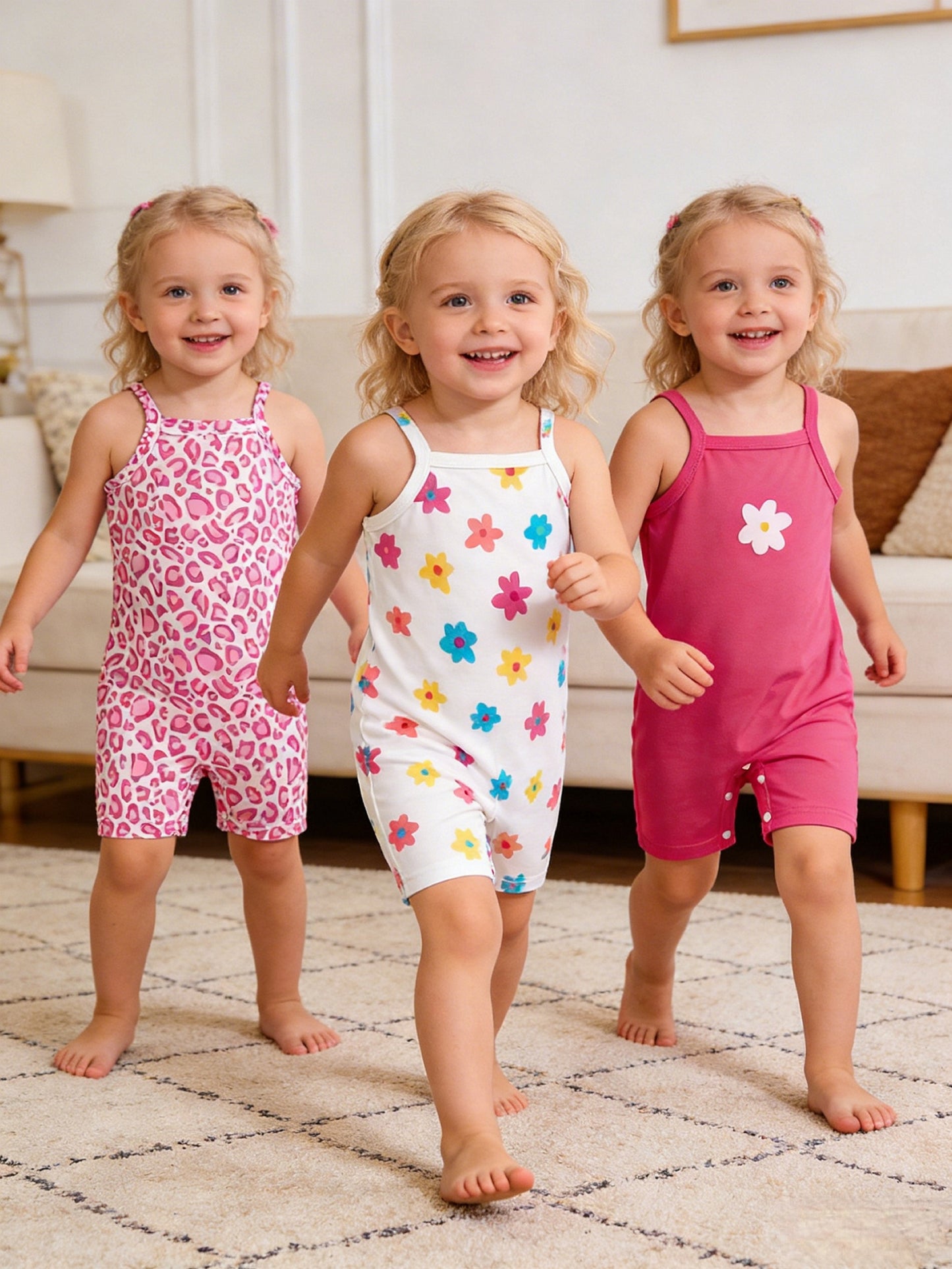3pcs Baby Girl Pink and Leopard Print Rompers with White Floral Prints | Cute Spring/Summer Knitted Fabric Rompers with Slight Stretch, Regular Fit, for Outdoor, Perfect for Outdoor