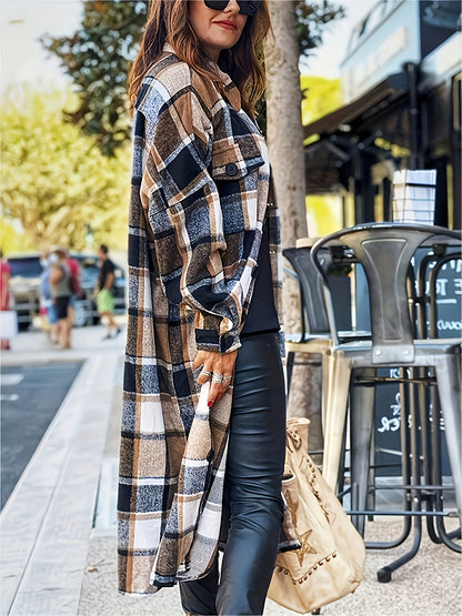 Autumn And Winter Long Trench Coat with Side Slits, Notch Collar, Casual And Comfortable, Tailored Fit, Women's Plaid Coat.