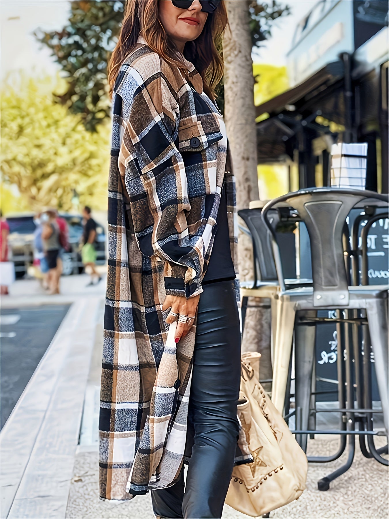 Autumn And Winter Long Trench Coat with Side Slits, Notch Collar, Casual And Comfortable, Tailored Fit, Women's Plaid Coat.